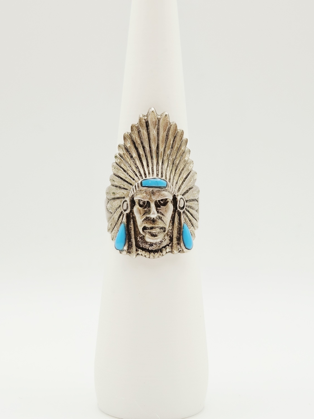 Sterling Silver Native Chief Ring with Turquoise Inlays